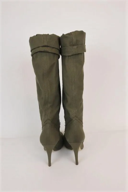 Stella McCartney Kniestiefel Olive Ausgefranste Leinwand Größe 41 High Heel
