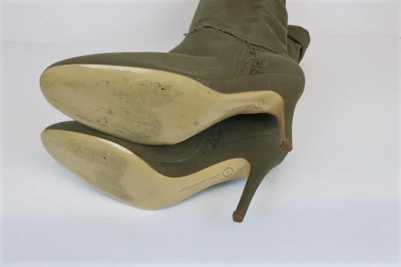 Stella McCartney Kniestiefel Olive Ausgefranste Leinwand Größe 41 High Heel