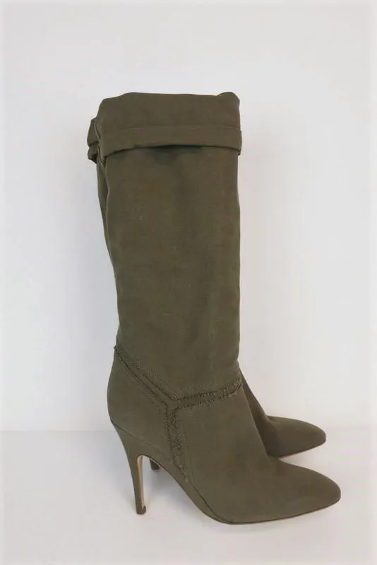 Stella McCartney Kniestiefel Olive Ausgefranste Leinwand Größe 41 High Heel