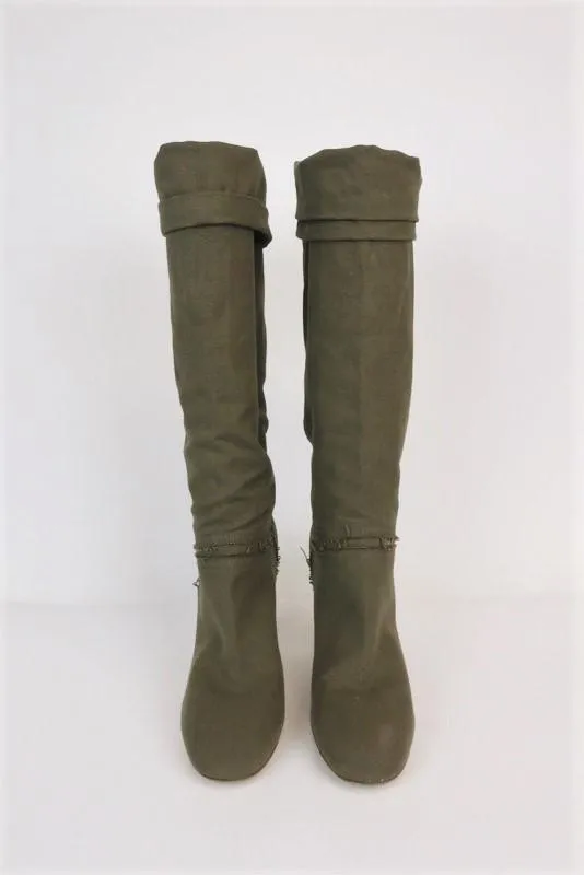 Stella McCartney Kniestiefel Olive Ausgefranste Leinwand Größe 41 High Heel