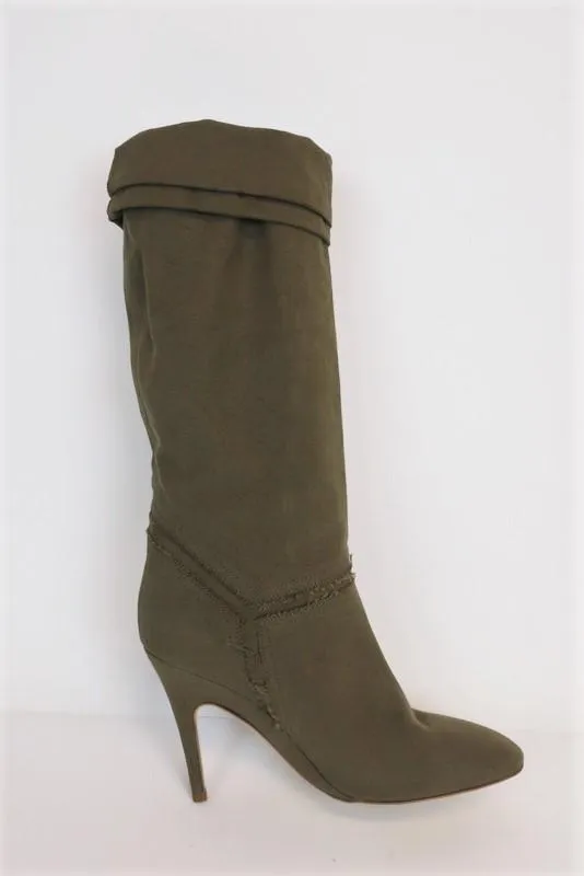 Stella McCartney Kniestiefel Olive Ausgefranste Leinwand Größe 41 High Heel