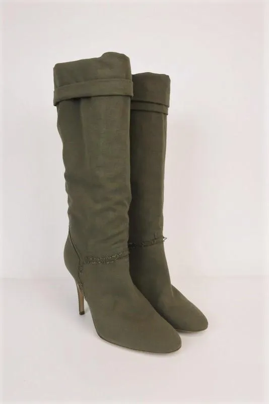 Stella McCartney Kniestiefel Olive Ausgefranste Leinwand Größe 41 High Heel