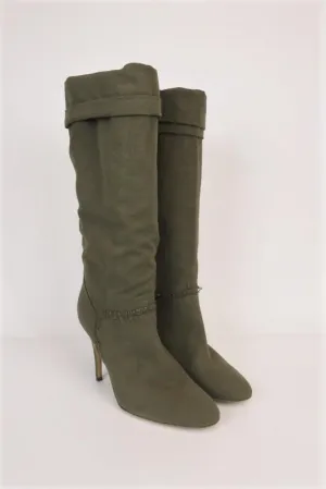Stella McCartney Kniestiefel Olive Ausgefranste Leinwand Größe 41 High Heel