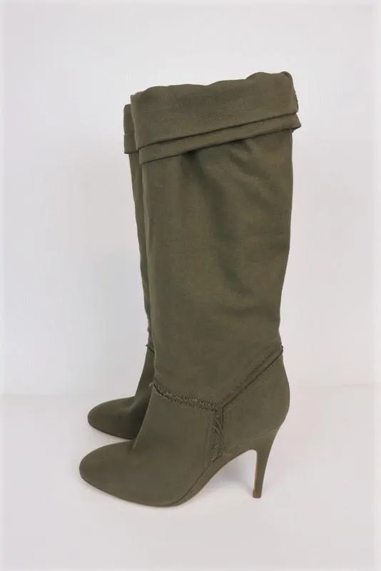 Stella McCartney Kniestiefel Olive Ausgefranste Leinwand Größe 41 High Heel