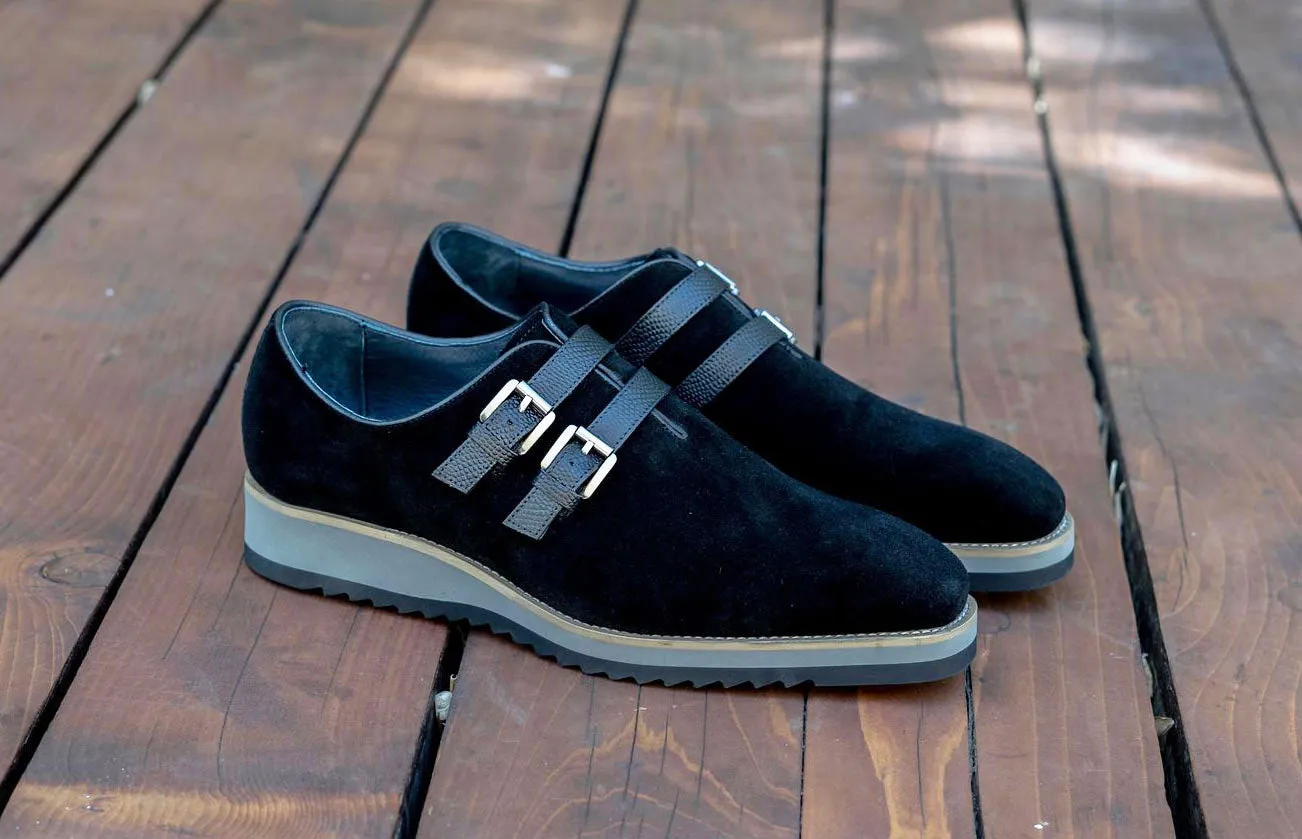 Suede Slip-On Doppelriemenschuh Schwarz