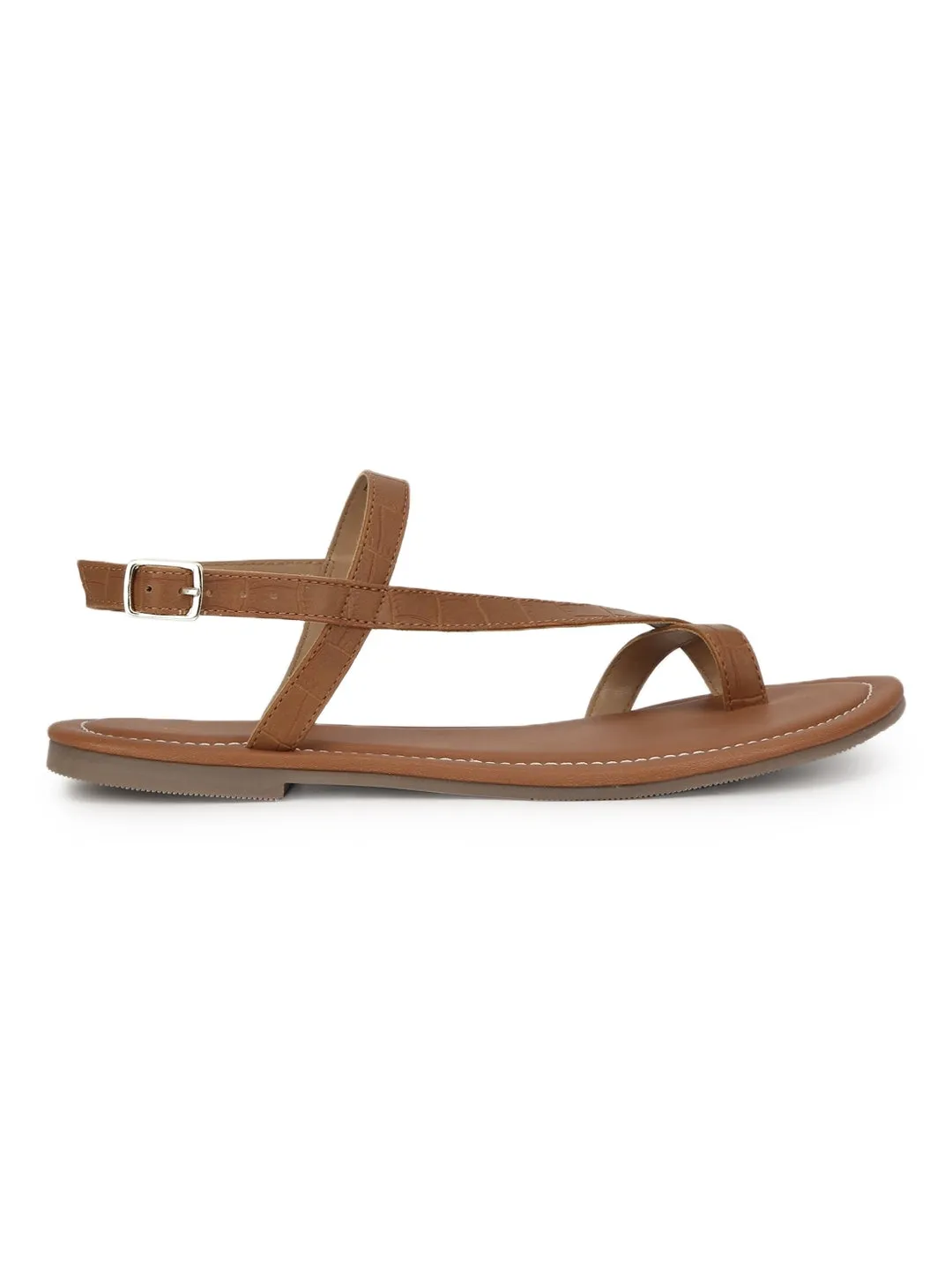Braune Flache Sandalen mit Knöchelriemen aus Croco-PU