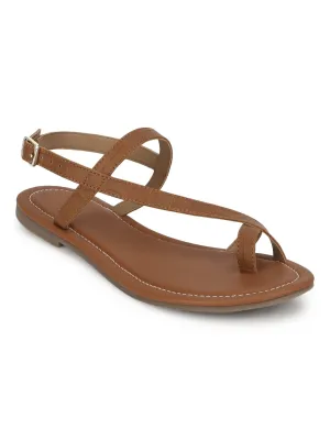 Braune Flache Sandalen mit Knöchelriemen aus Croco-PU