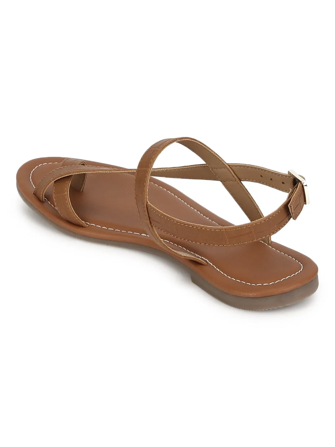 Braune Flache Sandalen mit Knöchelriemen aus Croco-PU