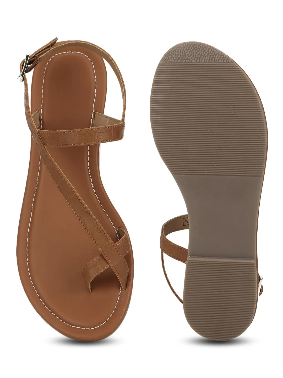 Braune Flache Sandalen mit Knöchelriemen aus Croco-PU