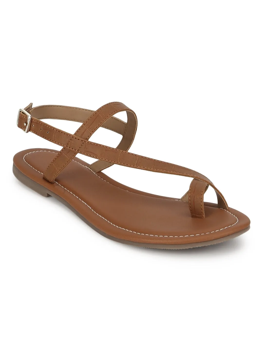 Braune Flache Sandalen mit Knöchelriemen aus Croco-PU