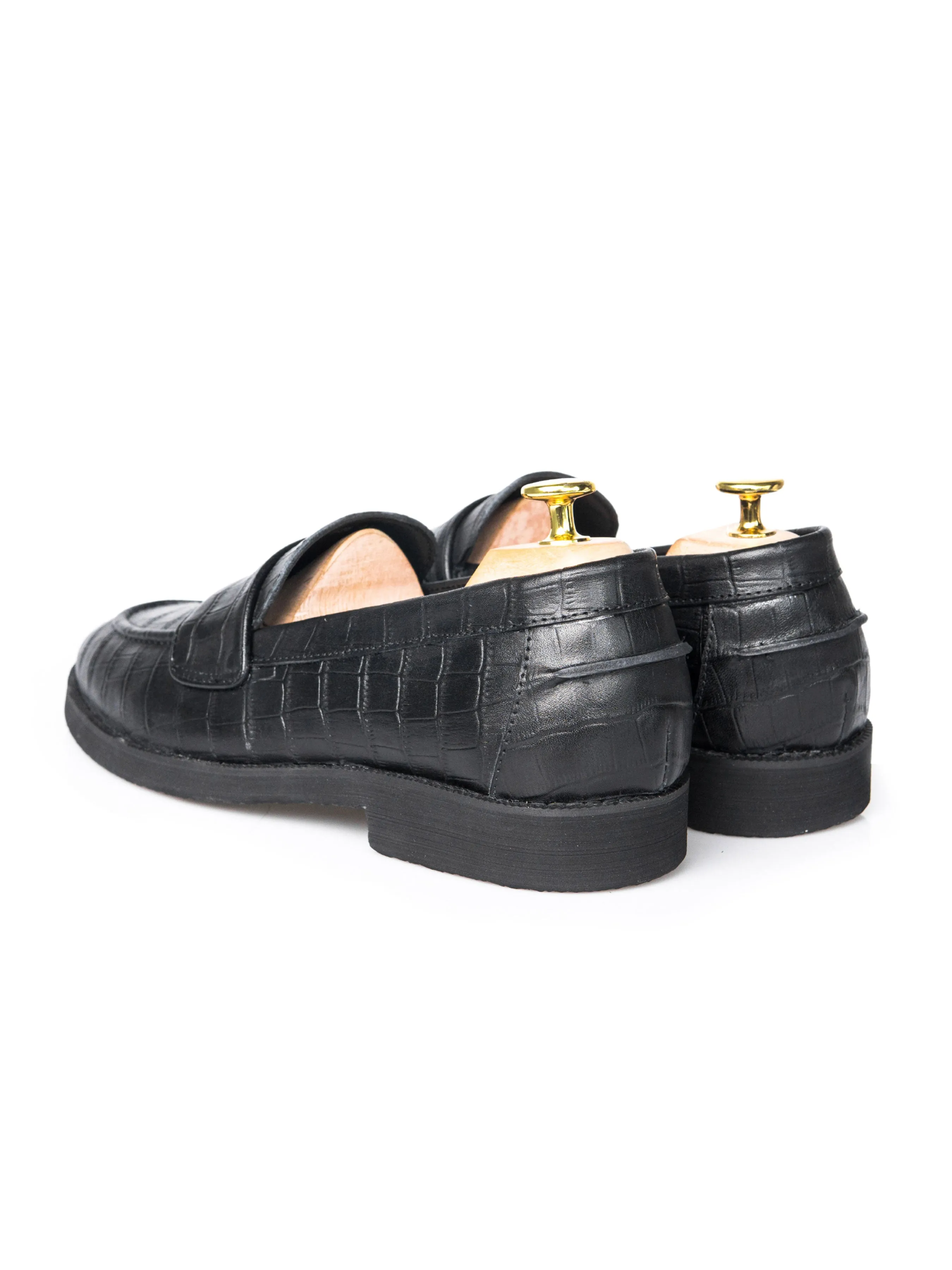 Wayne Penny Loafer - Schwarzes Kroko-Leder (Kreppsohle)