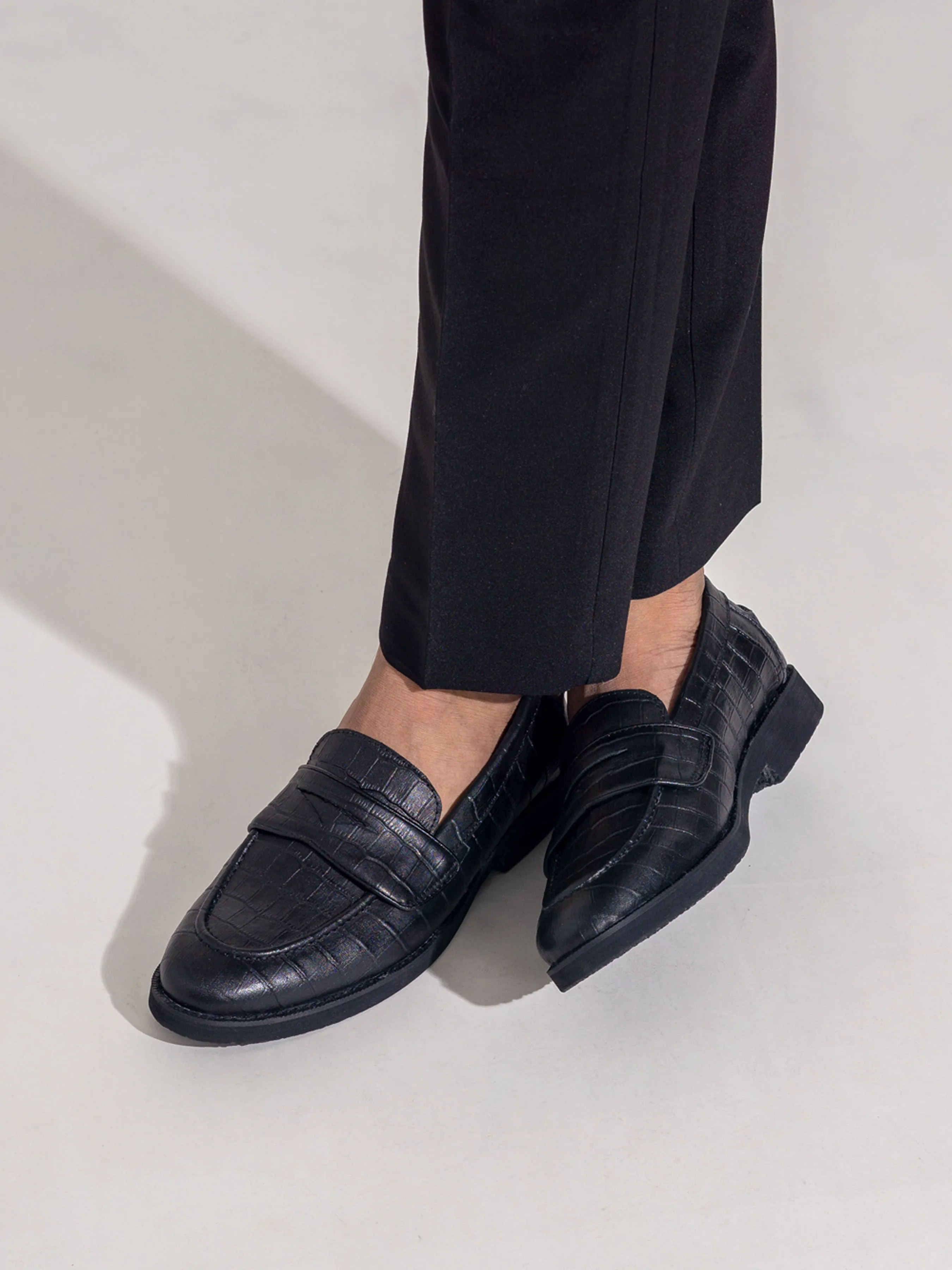 Wayne Penny Loafer - Schwarzes Kroko-Leder (Kreppsohle)
