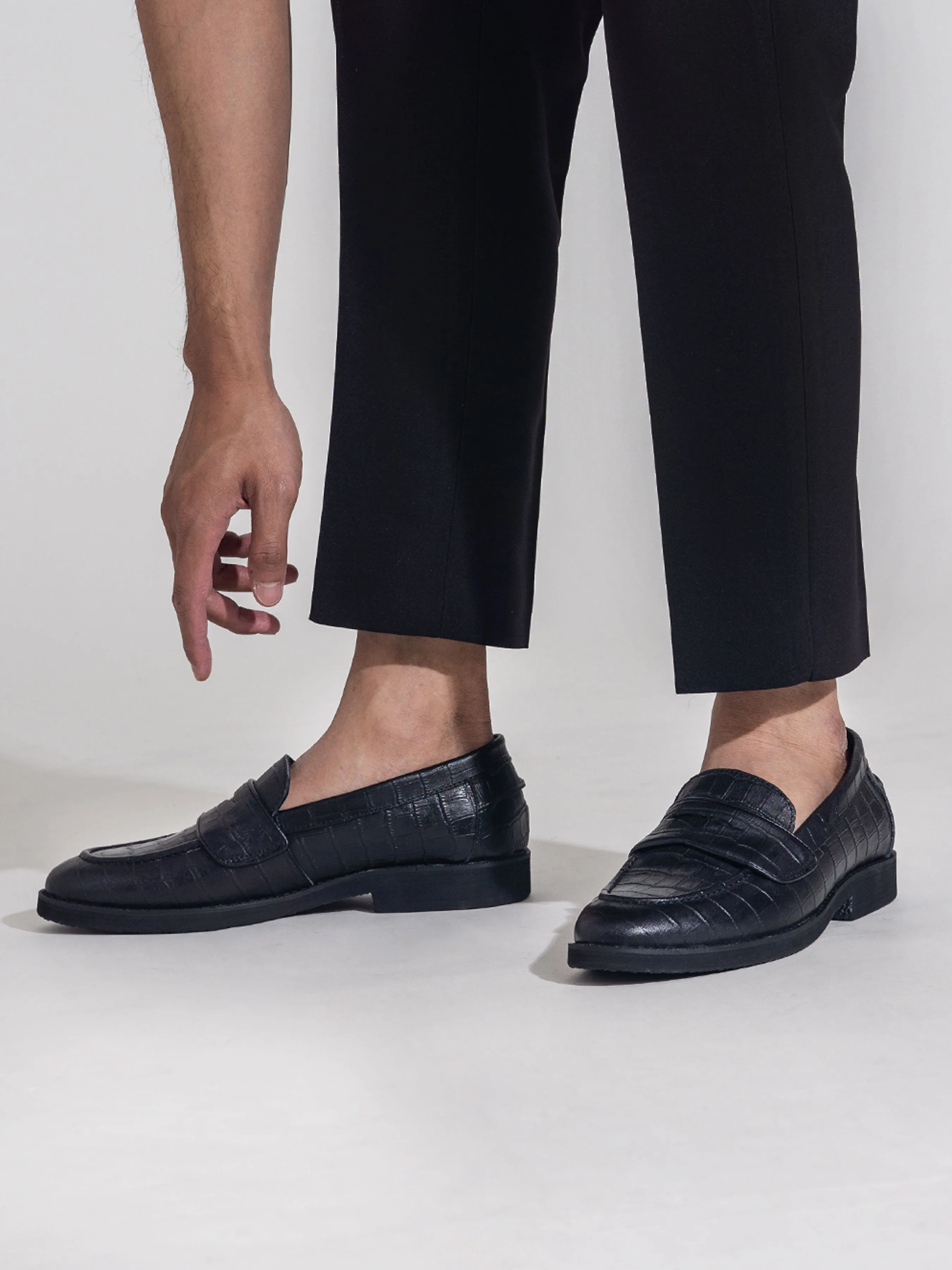 Wayne Penny Loafer - Schwarzes Kroko-Leder (Kreppsohle)