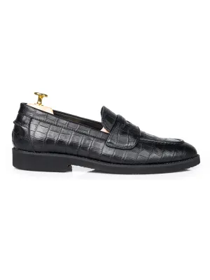 Wayne Penny Loafer - Schwarzes Kroko-Leder (Kreppsohle)
