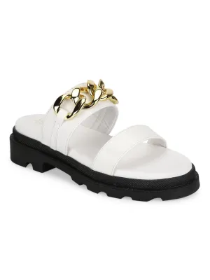 Weiße PU-Plattform-Sandalen mit Kette (TC-ST-1219-WHTPU)