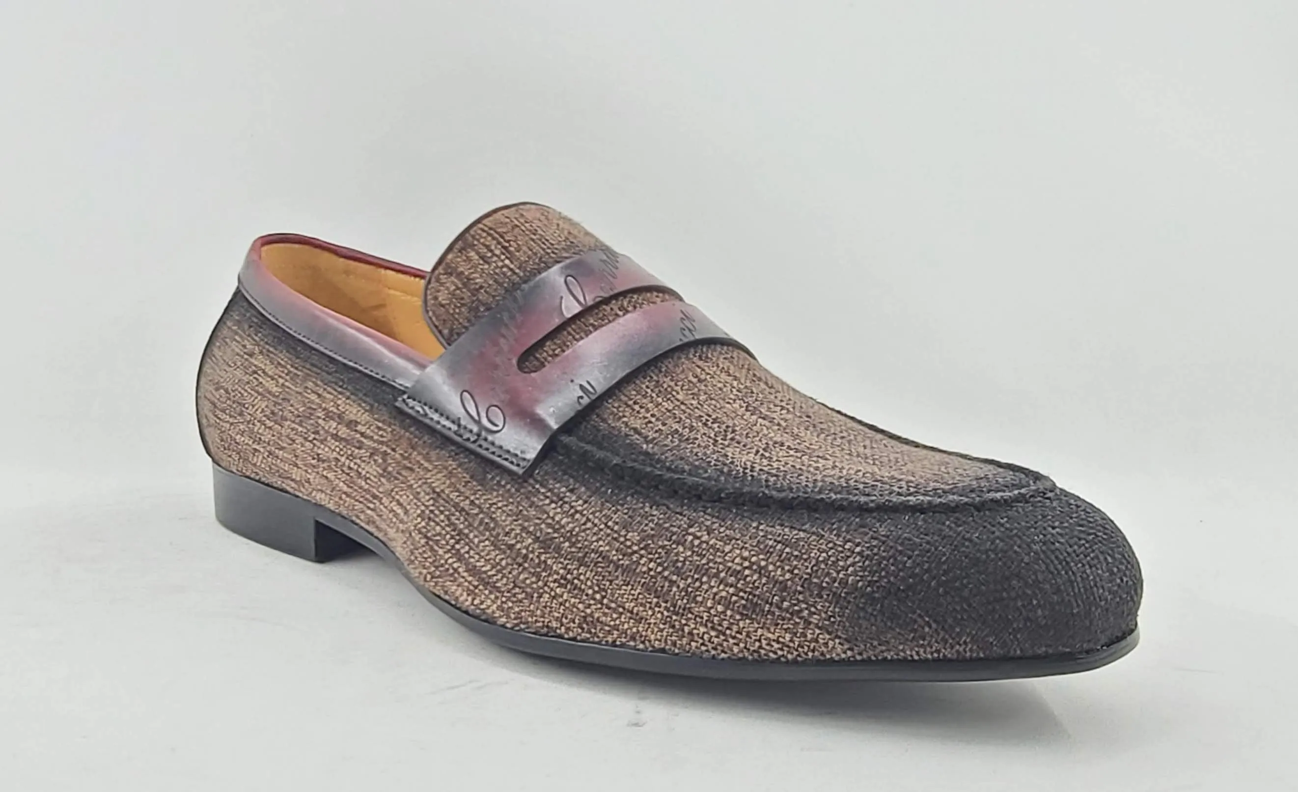 Gewebter Canvas & Kalbsleder Slip-On Loafer Braun/Burgunder