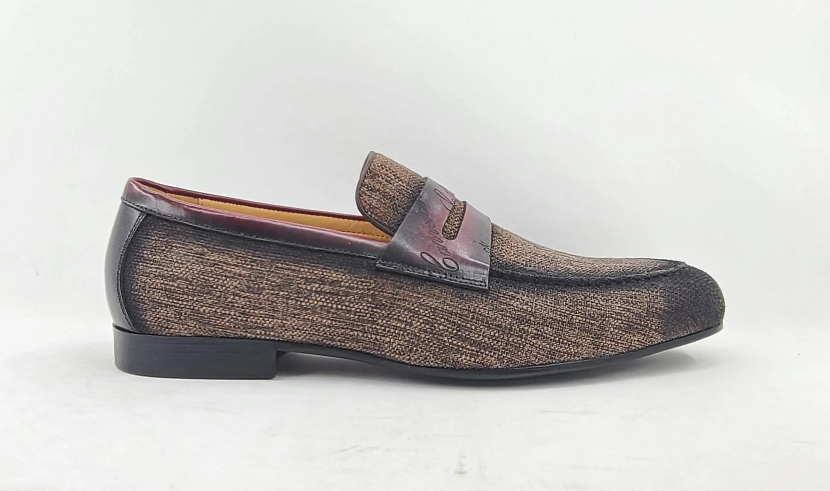 Gewebter Canvas & Kalbsleder Slip-On Loafer Braun/Burgunder