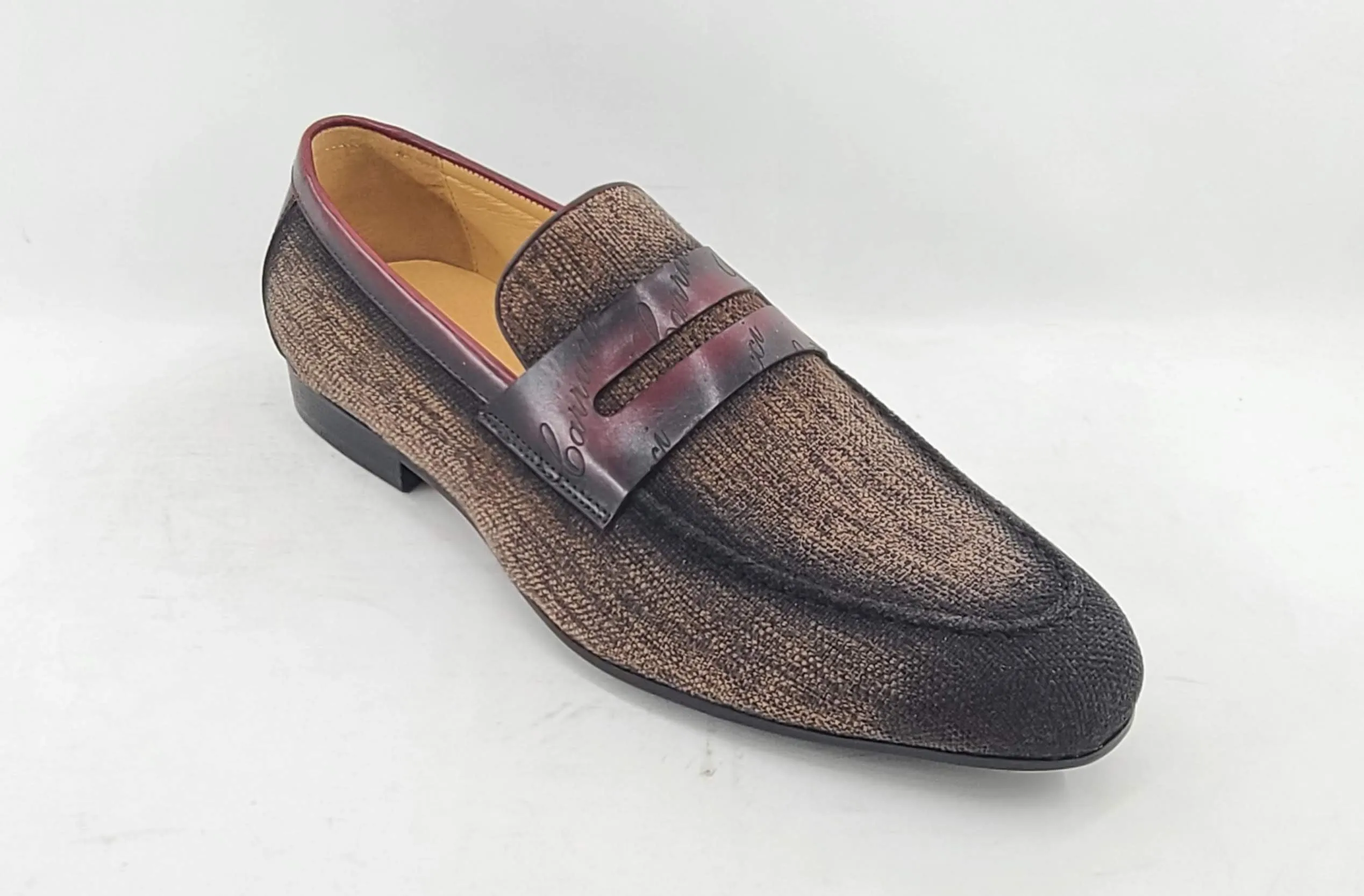 Gewebter Canvas & Kalbsleder Slip-On Loafer Braun/Burgunder