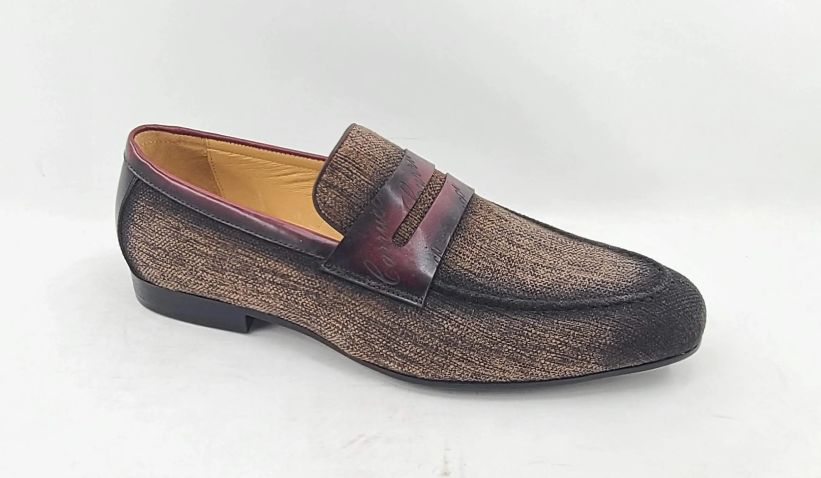 Gewebter Canvas & Kalbsleder Slip-On Loafer Braun/Burgunder