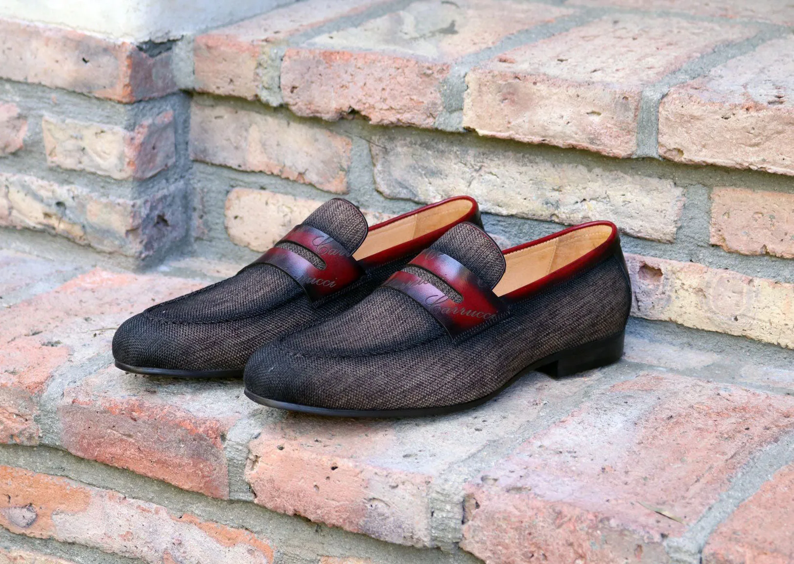 Gewebter Canvas & Kalbsleder Slip-On Loafer Braun/Burgunder
