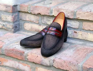 Gewebter Canvas & Kalbsleder Slip-On Loafer Braun/Burgunder