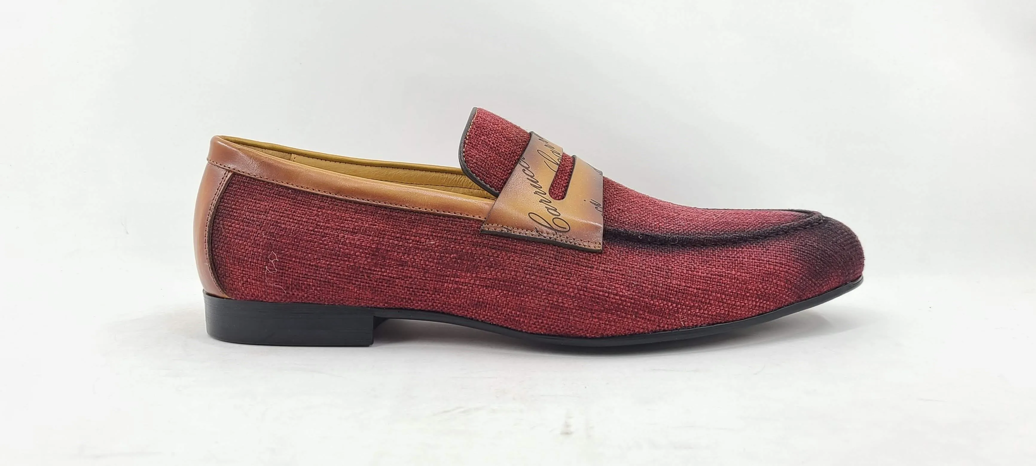 Gewebter Canvas & Kalbsleder Slip-On Loafer Bordeaux/Kamel