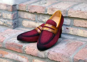 Gewebter Canvas & Kalbsleder Slip-On Loafer Bordeaux/Kamel