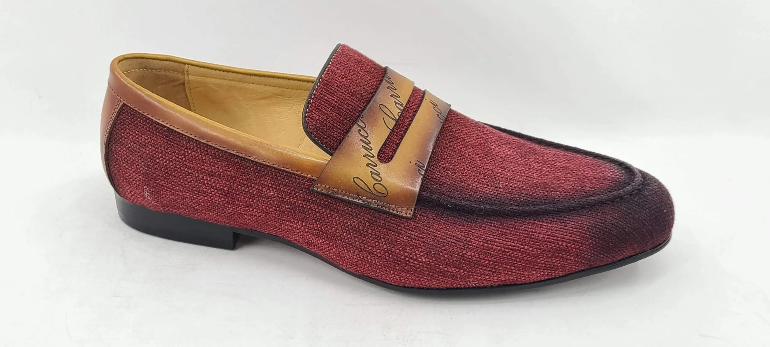 Gewebter Canvas & Kalbsleder Slip-On Loafer Bordeaux/Kamel