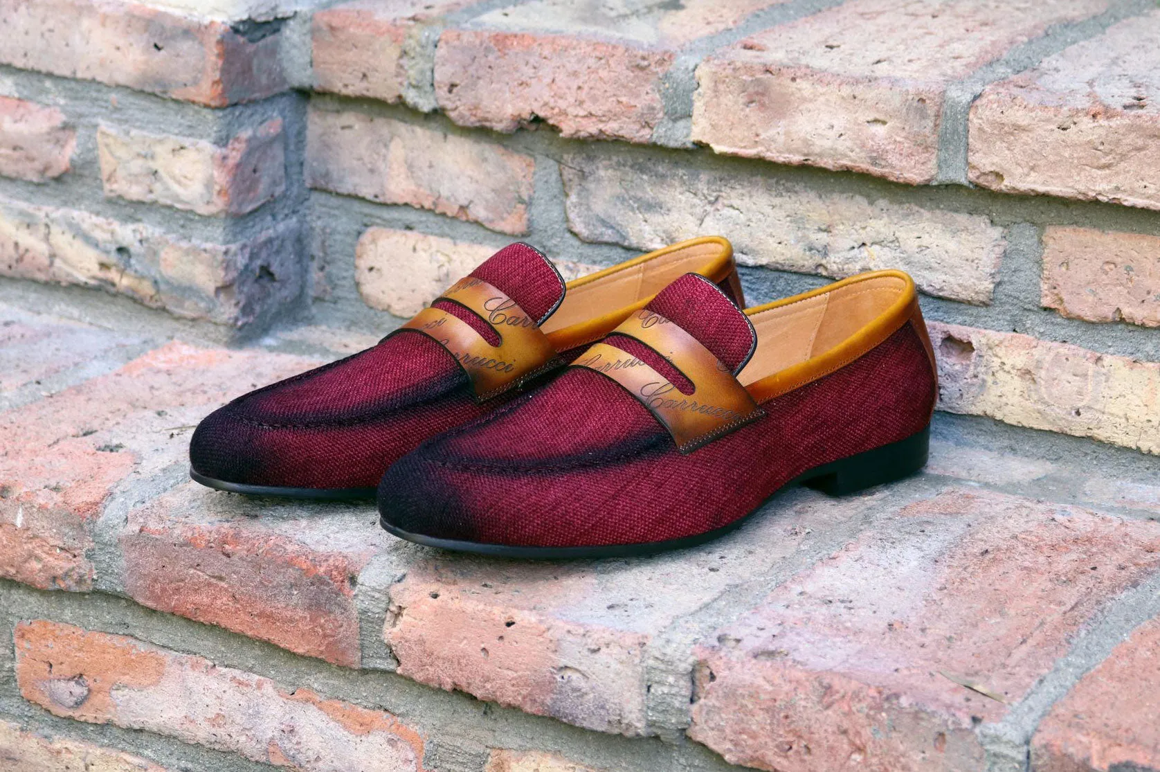Gewebter Canvas & Kalbsleder Slip-On Loafer Bordeaux/Kamel