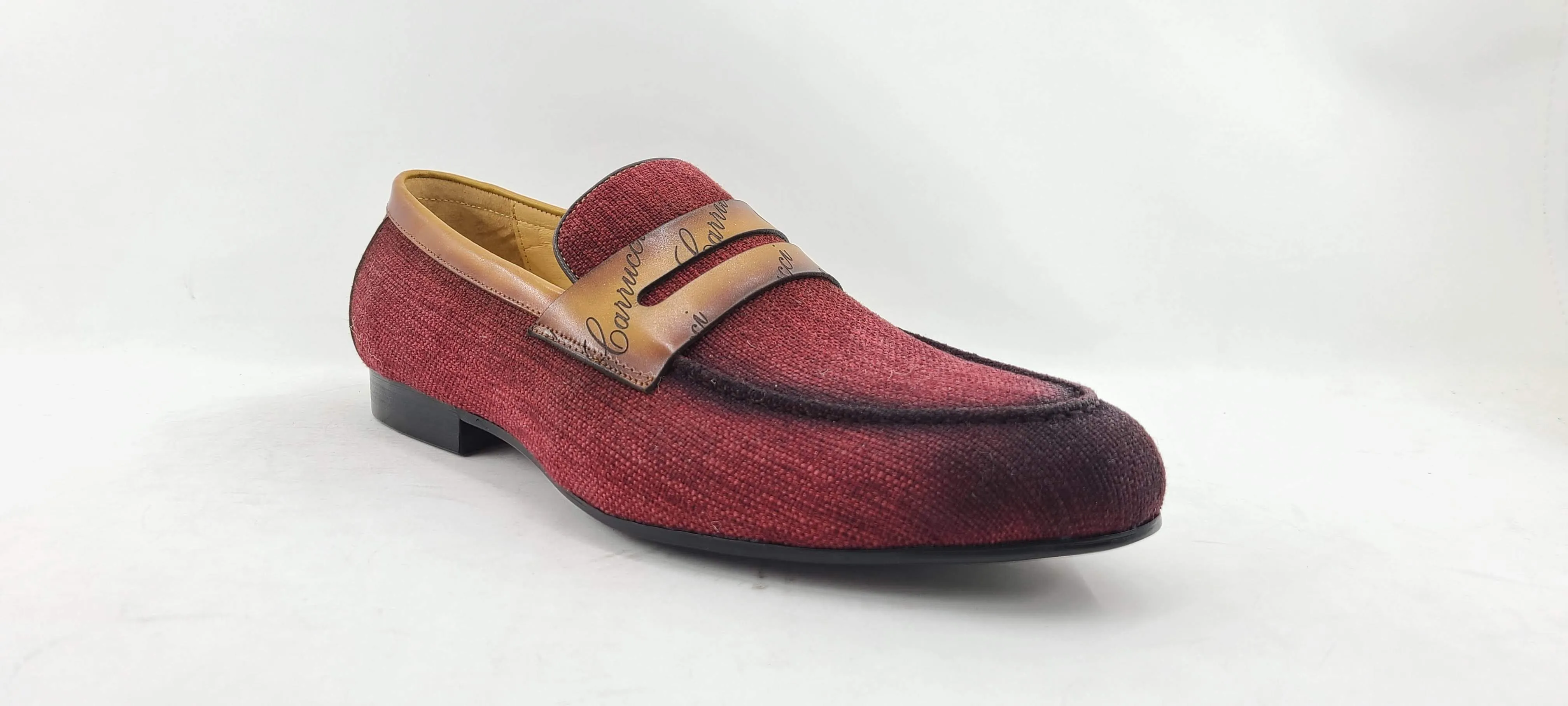 Gewebter Canvas & Kalbsleder Slip-On Loafer Bordeaux/Kamel